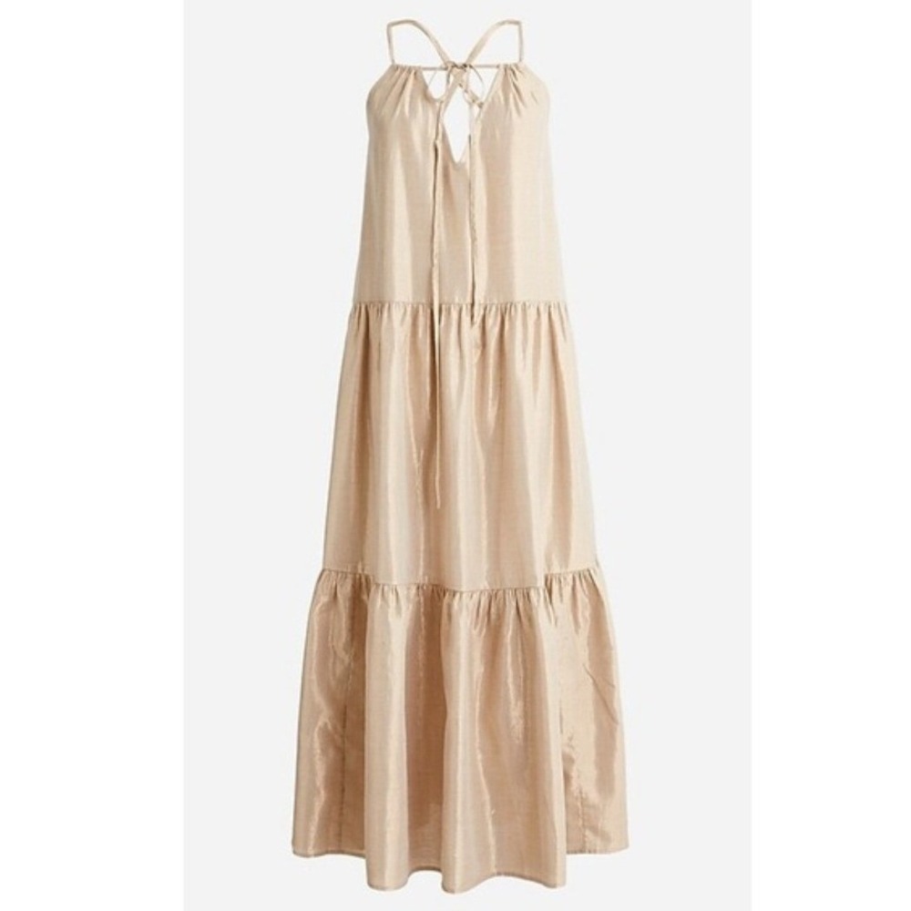 J. Crew Metallic Gold Tiered Maxi‎ Dress V-Neck Open Back Tie Cotton Blend- S